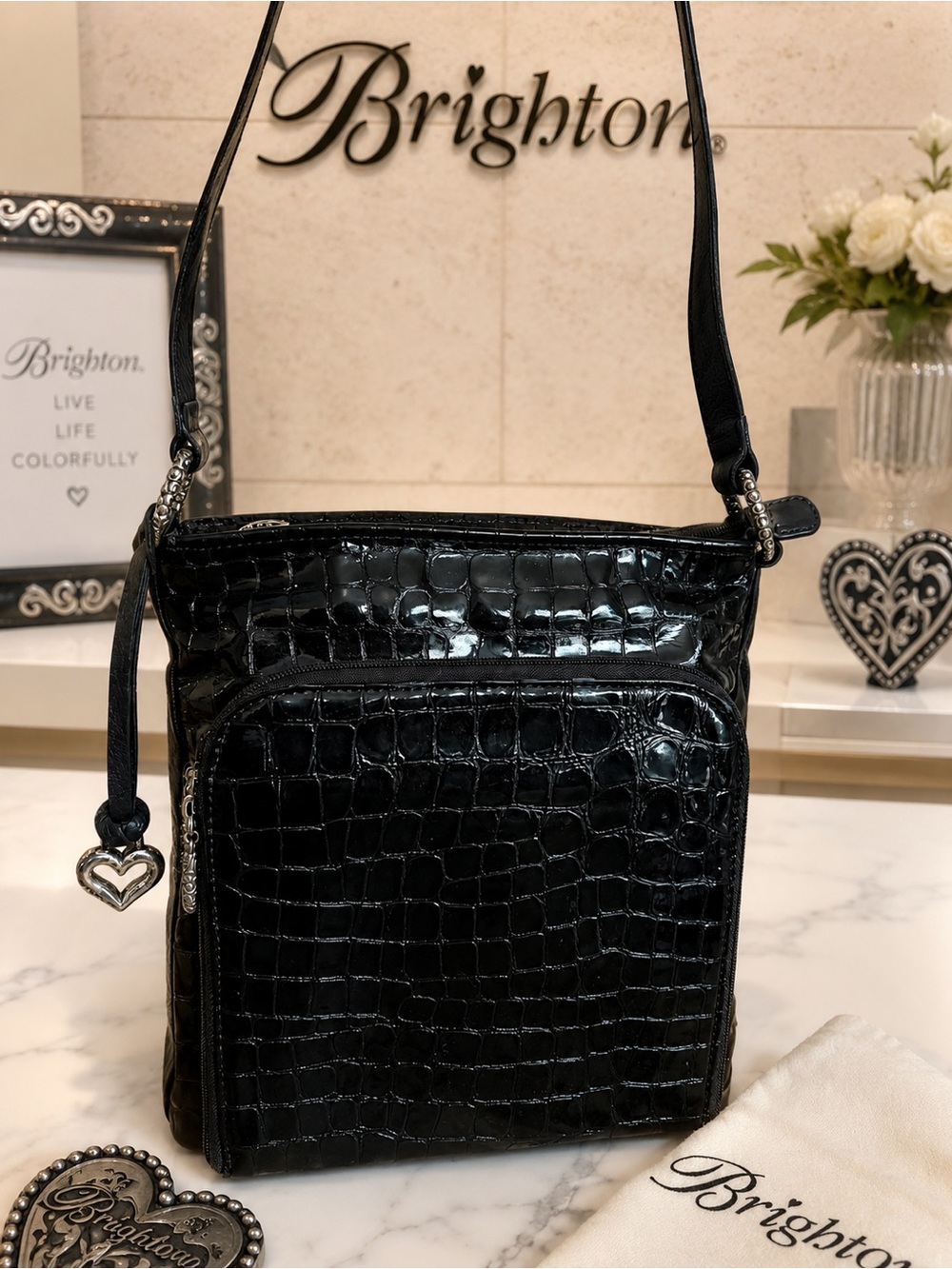 Brighton Black Croc-Embossed Crossbody with Heart Charm